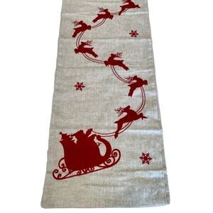 Aspen 14x72 Christmas Table Runner Red Reindeer Santa Sleigh Linen Blend